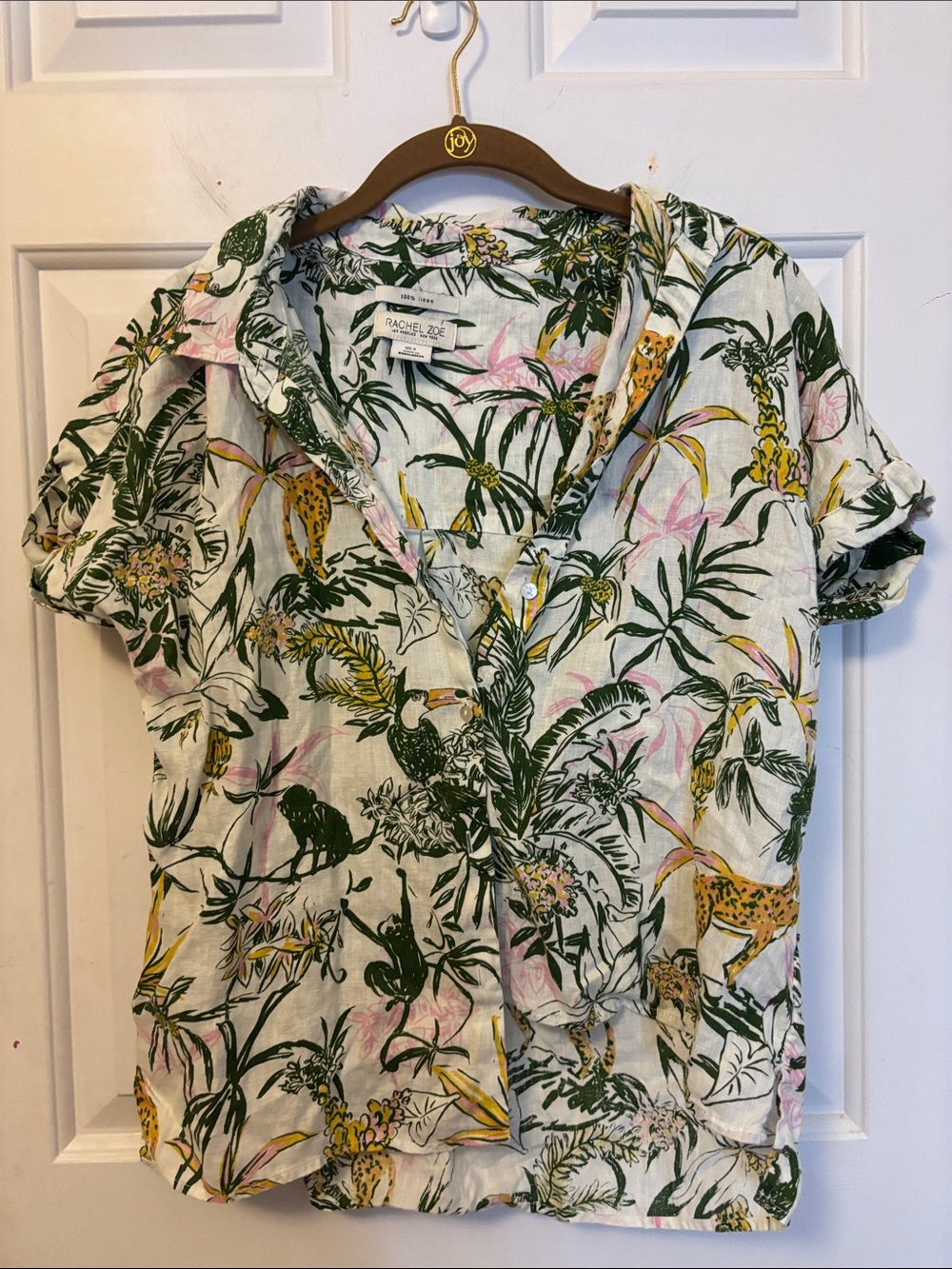 100% Linen Rachel Zoe Cream Button-Down Shirt with Tropical Print